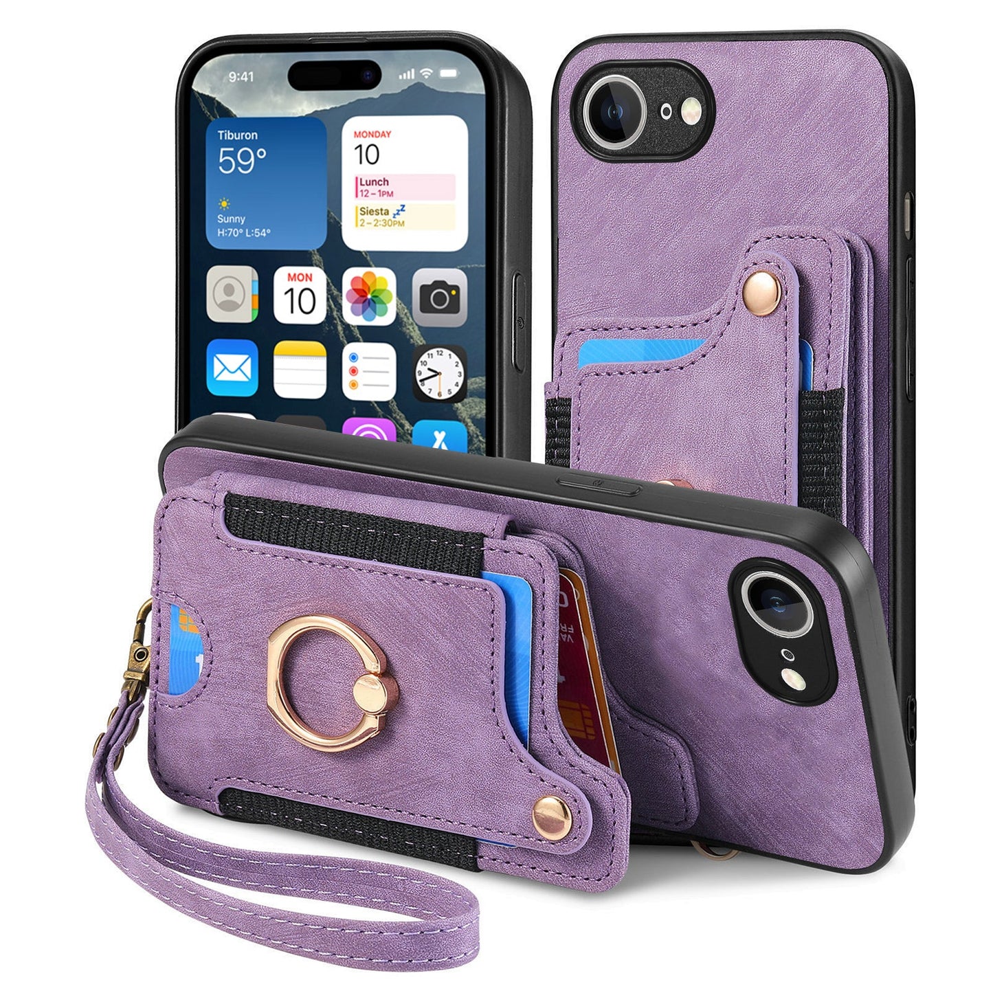 For iPhone 16e Retro PU Leather Back Cover with RFID Blocking Card Holder - Purple