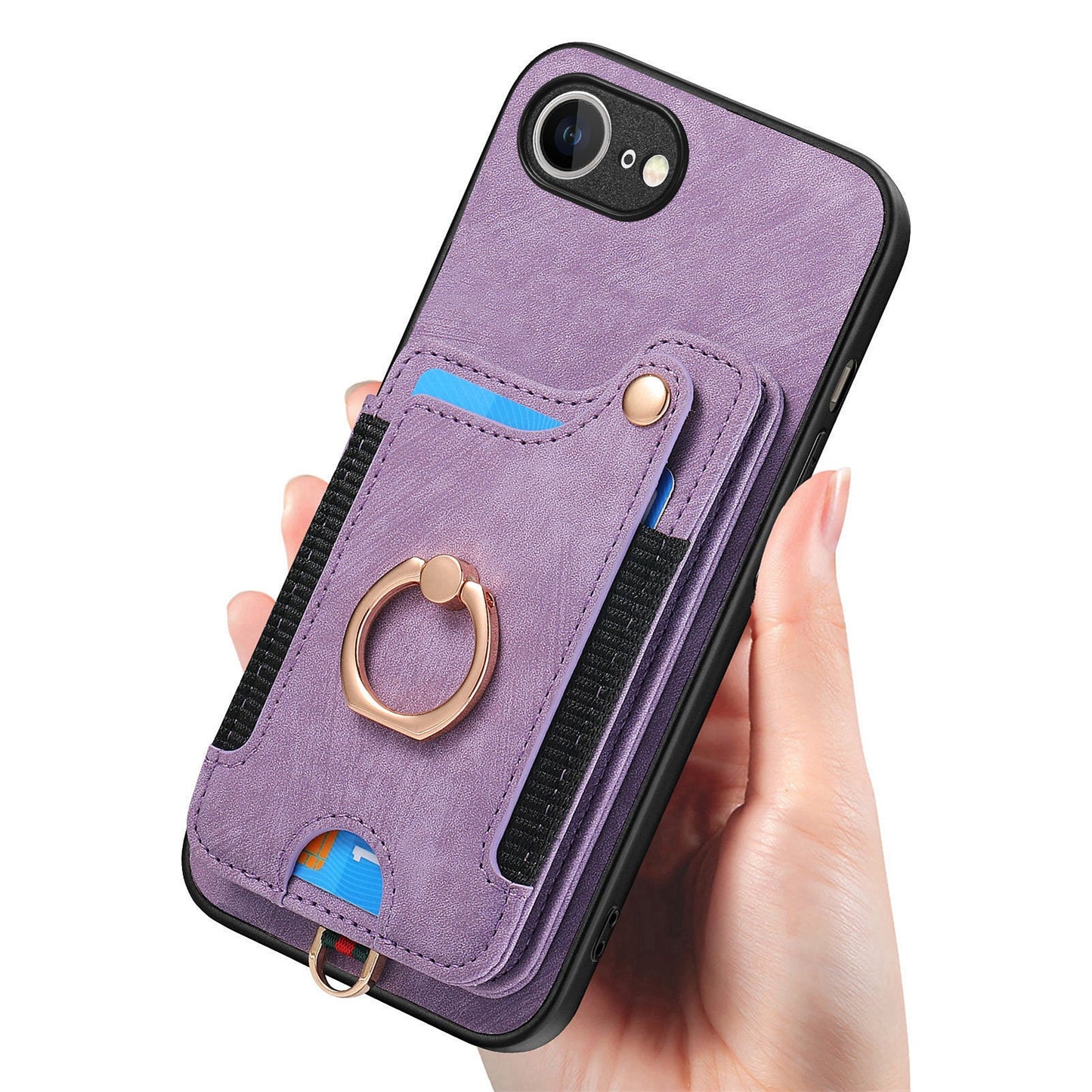 For iPhone 16e Retro PU Leather Back Cover with RFID Blocking Card Holder - Purple
