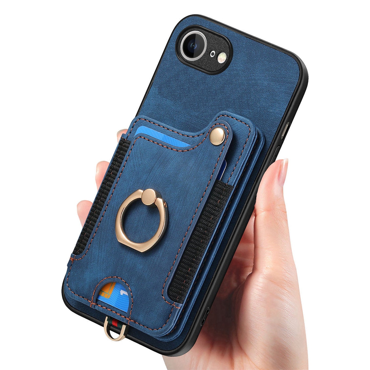 For iPhone 16e Retro PU Leather Back Cover with RFID Blocking Card Holder - Blue