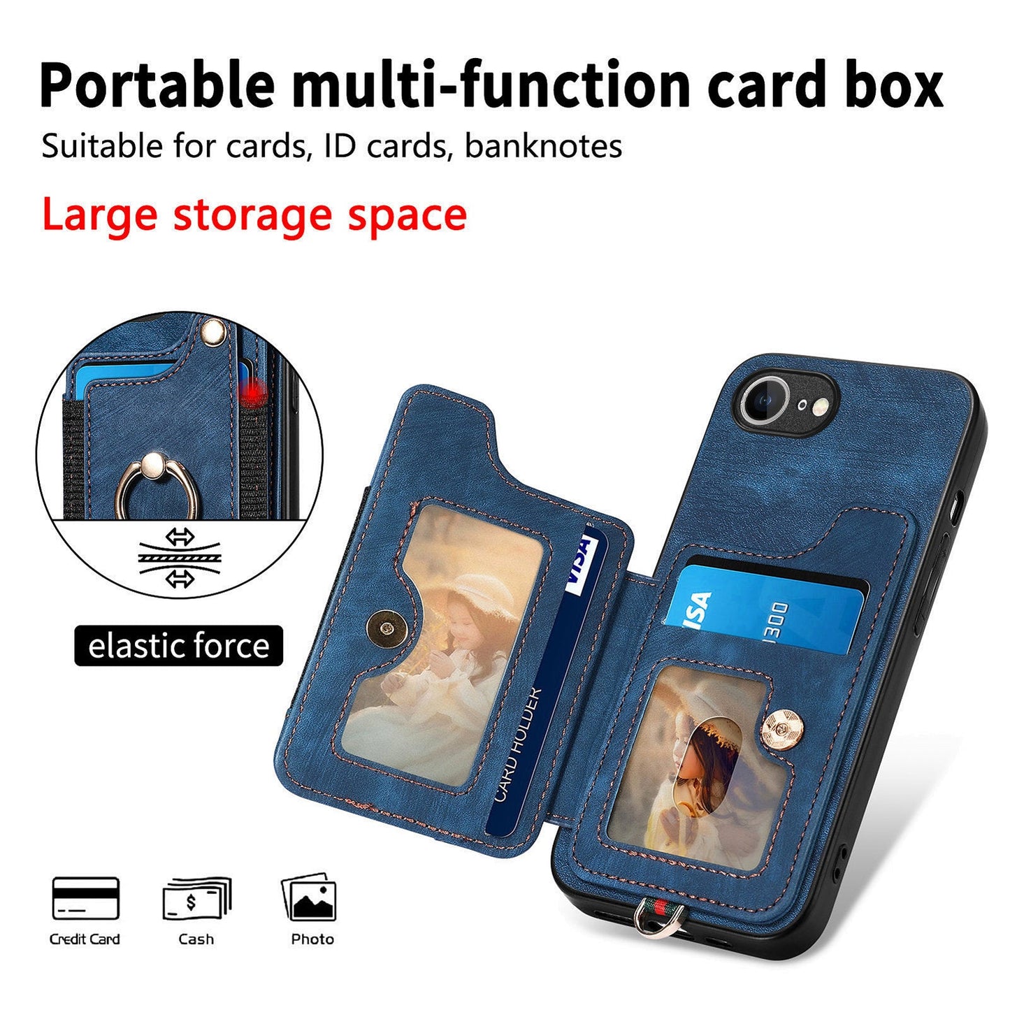 For iPhone 16e Retro PU Leather Back Cover with RFID Blocking Card Holder - Blue