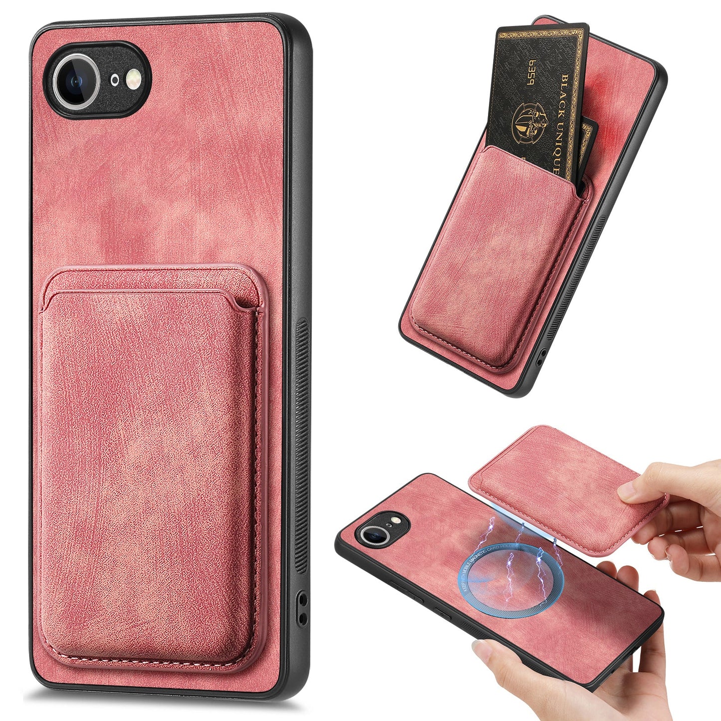 For iPhone 16e Case Retro Leather TPU Phone Back Cover with Detachable Card Slot - Pink