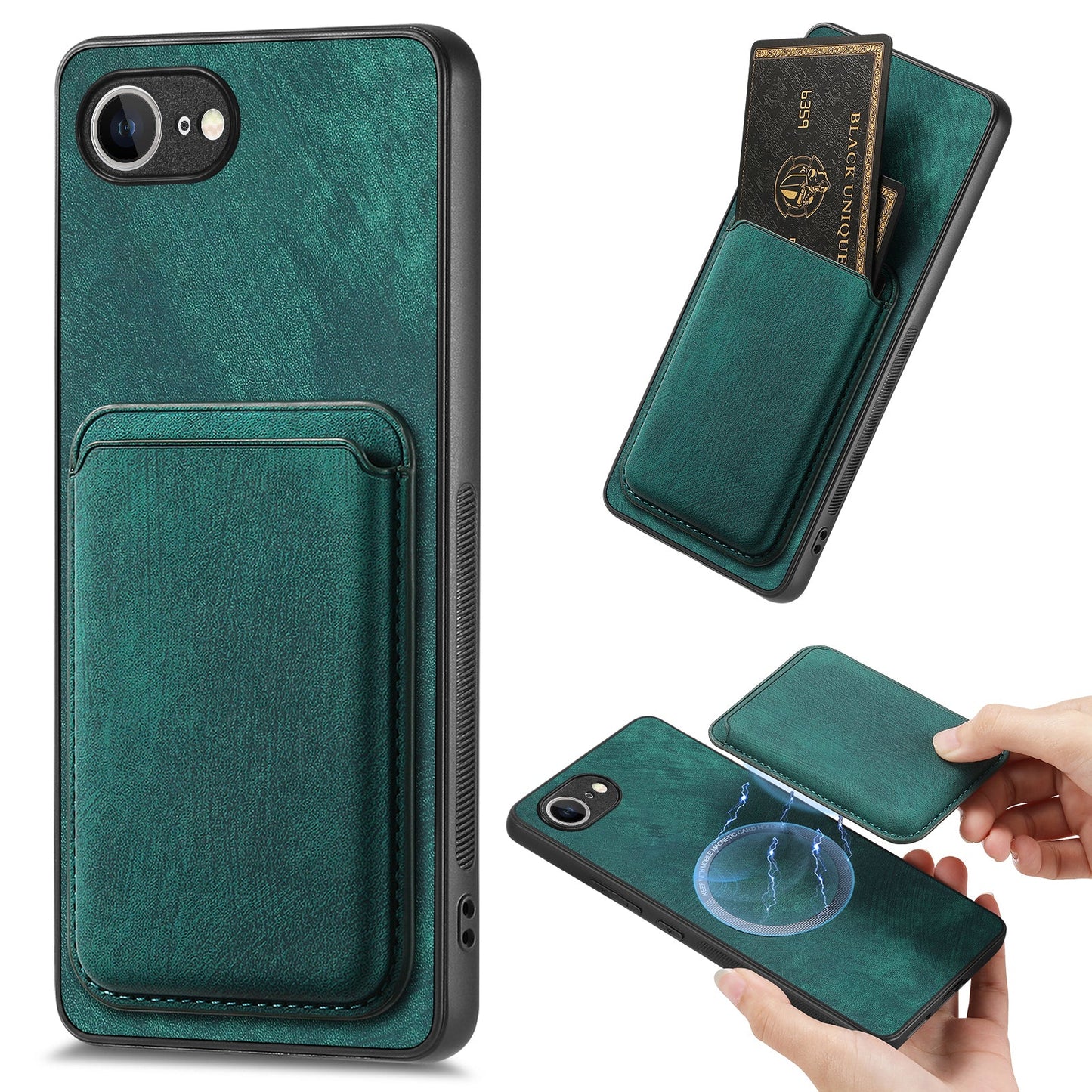 For iPhone 16e Case Retro Leather TPU Phone Back Cover with Detachable Card Slot - Green
