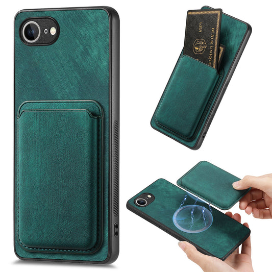 For iPhone 16e Case Retro Leather TPU Phone Back Cover with Detachable Card Slot - Green