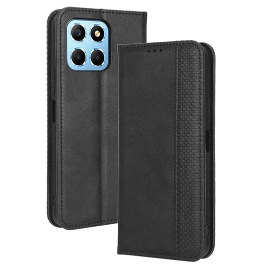 Drop-proof Cell Phone Cover For Honor 70 Lite 5G / X6 4G / Honor Play6C / X8 5G Magnetic Auto Closing Folio Flip Leather Wallet Case Retro Imprint Pattern Phone Shell with Stand - Black