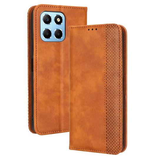 Drop-proof Cell Phone Cover For Honor 70 Lite 5G / X6 4G / Honor Play6C / X8 5G Magnetic Auto Closing Folio Flip Leather Wallet Case Retro Imprint Pattern Phone Shell with Stand - Brown