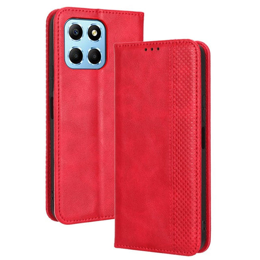 Drop-proof Cell Phone Cover For Honor 70 Lite 5G / X6 4G / Honor Play6C / X8 5G Magnetic Auto Closing Folio Flip Leather Wallet Case Retro Imprint Pattern Phone Shell with Stand - Red