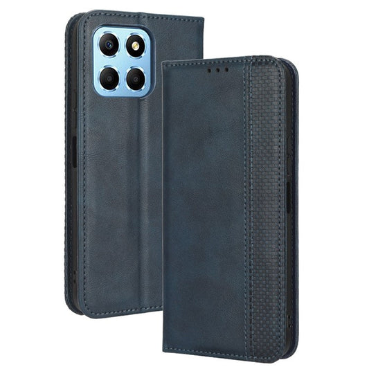 Drop-proof Cell Phone Cover For Honor 70 Lite 5G / X6 4G / Honor Play6C / X8 5G Magnetic Auto Closing Folio Flip Leather Wallet Case Retro Imprint Pattern Phone Shell with Stand - Blue