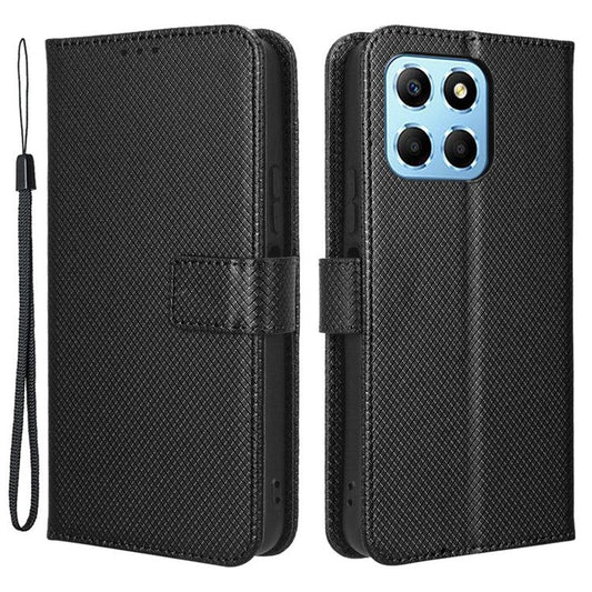 Diamond Texture Phone Cover For Honor 70 Lite 5G / X6 4G / Honor Play6C / X8 5G Scratch-resistant Phone Folio Flip Leather Wallet Case with Stand - Black