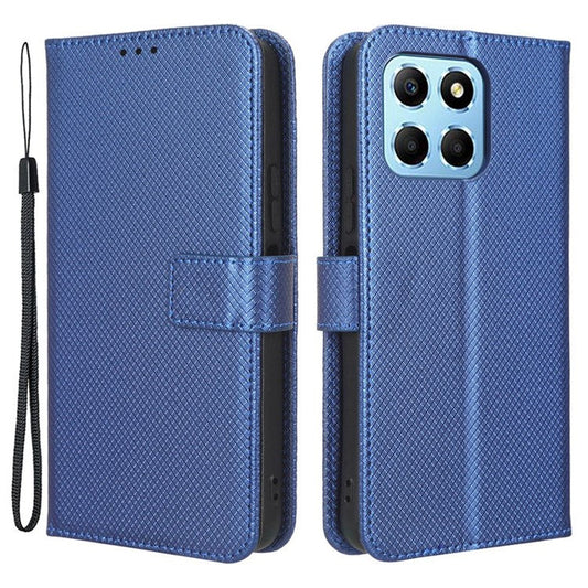 Diamond Texture Phone Cover For Honor 70 Lite 5G / X6 4G / Honor Play6C / X8 5G Scratch-resistant Phone Folio Flip Leather Wallet Case with Stand - Blue