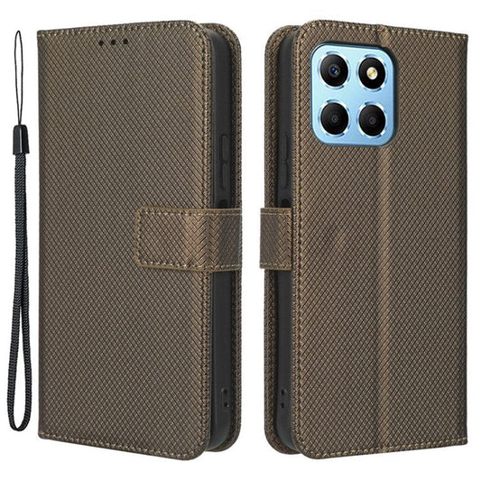 Diamond Texture Phone Cover For Honor 70 Lite 5G / X6 4G / Honor Play6C / X8 5G Scratch-resistant Phone Folio Flip Leather Wallet Case with Stand - Brown