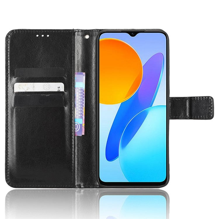 Phone Wallet Case For Honor 70 Lite 5G / X6 4G / Honor Play6C / X8 5G Crazy Horse Texture Magnetic Clasp PU Leather Stand Anti-scratch Cell Phone Cover - Black