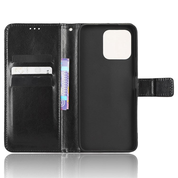 Phone Wallet Case For Honor 70 Lite 5G / X6 4G / Honor Play6C / X8 5G Crazy Horse Texture Magnetic Clasp PU Leather Stand Anti-scratch Cell Phone Cover - Black