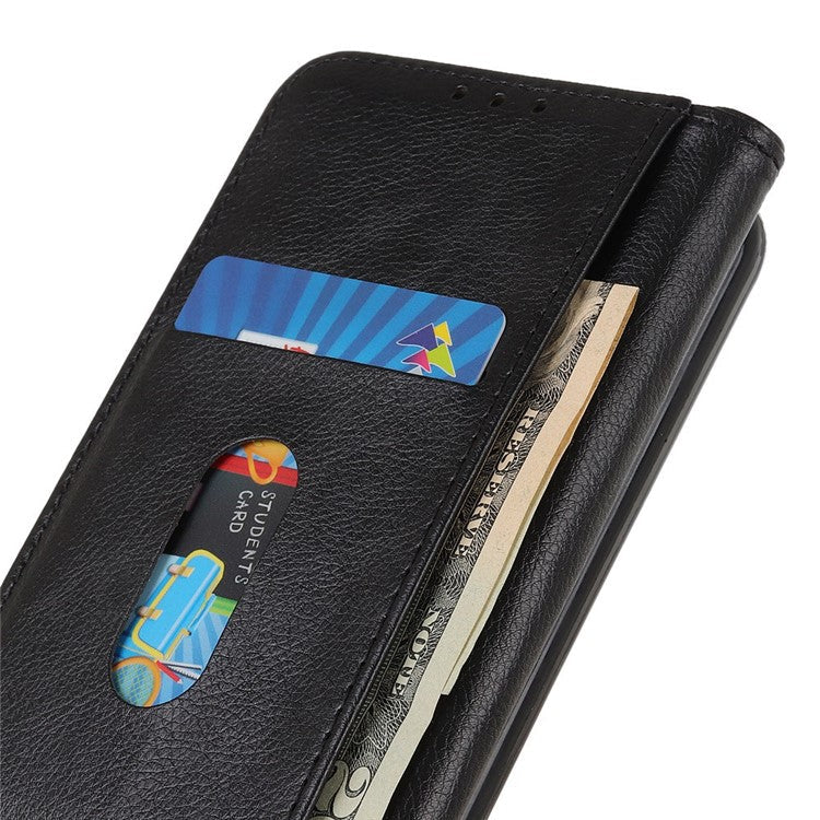 For iPhone 16e Stand Case Split Leather Litchi Texture Wallet Phone Cover - Black