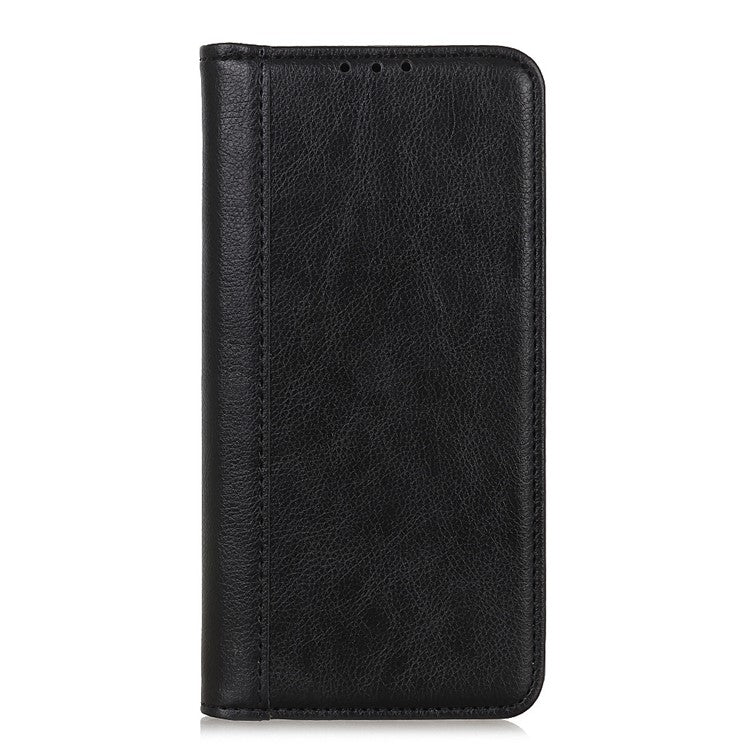 For iPhone 16e Stand Case Split Leather Litchi Texture Wallet Phone Cover - Black