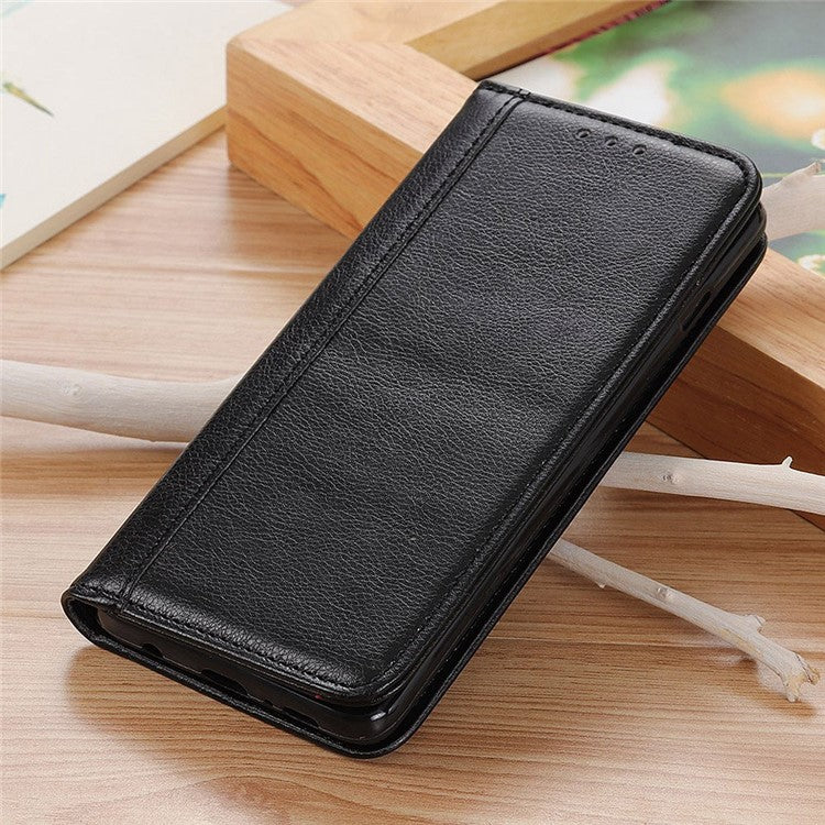 For iPhone 16e Stand Case Split Leather Litchi Texture Wallet Phone Cover - Black