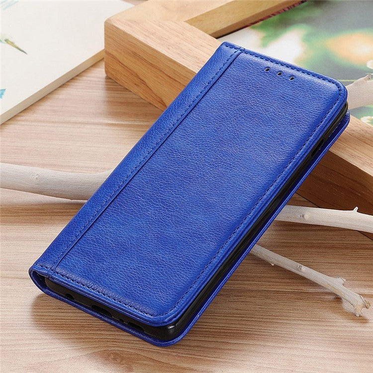 For iPhone 16e Stand Case Split Leather Litchi Texture Wallet Phone Cover - Blue