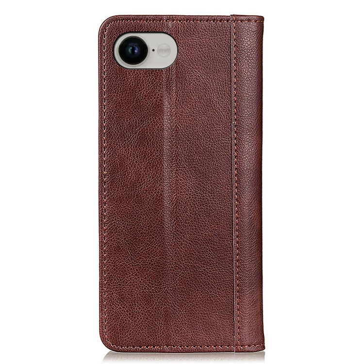 For iPhone 16e Stand Case Split Leather Litchi Texture Wallet Phone Cover - Brown