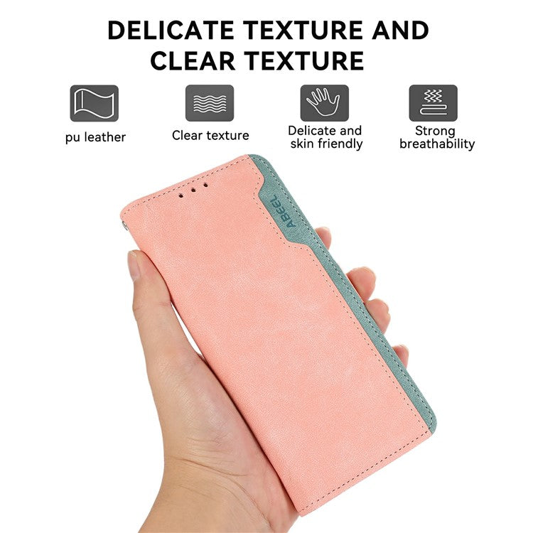 ABEEL For iPhone 16e Case Color Splicing Leather Flip Phone Cover RFID Blocking - Pink