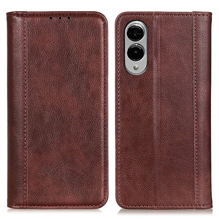 For Samsung Galaxy S25 Edge Stand Case Split Leather Litchi Texture Wallet Phone Cover - Brown