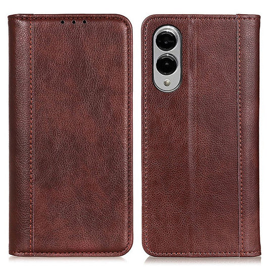 For Samsung Galaxy S25 Edge Stand Case Split Leather Litchi Texture Wallet Phone Cover - Brown