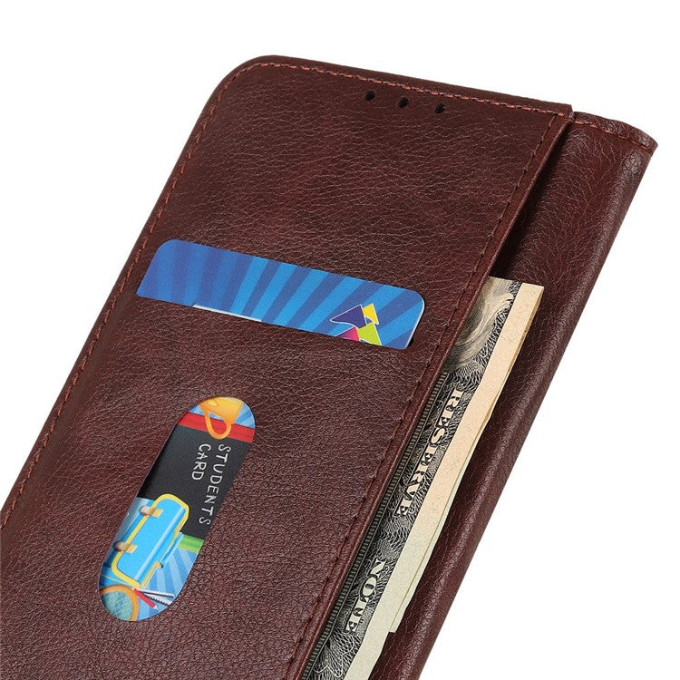 For Samsung Galaxy S25 Edge Stand Case Split Leather Litchi Texture Wallet Phone Cover - Brown