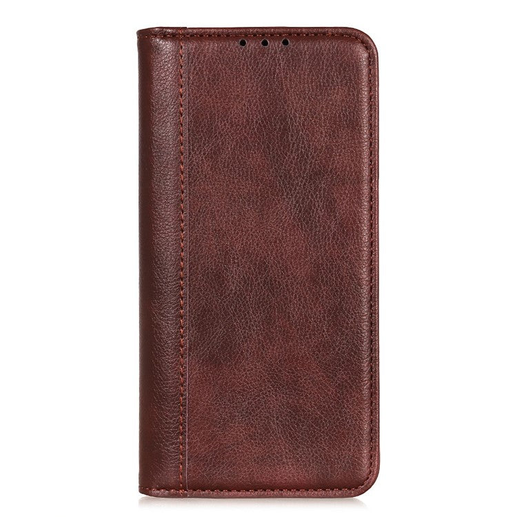 For Samsung Galaxy S25 Edge Stand Case Split Leather Litchi Texture Wallet Phone Cover - Brown