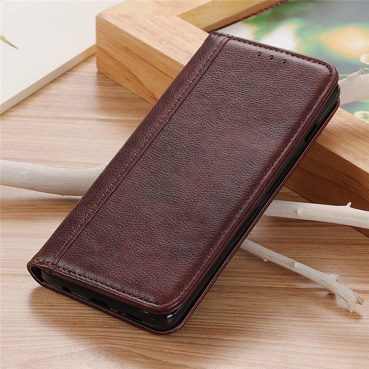 For Samsung Galaxy S25 Edge Stand Case Split Leather Litchi Texture Wallet Phone Cover - Brown
