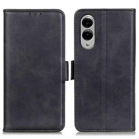 For Samsung Galaxy S25 Edge Case Stand Cowhide Texture PU Leather Phone Cover - Black