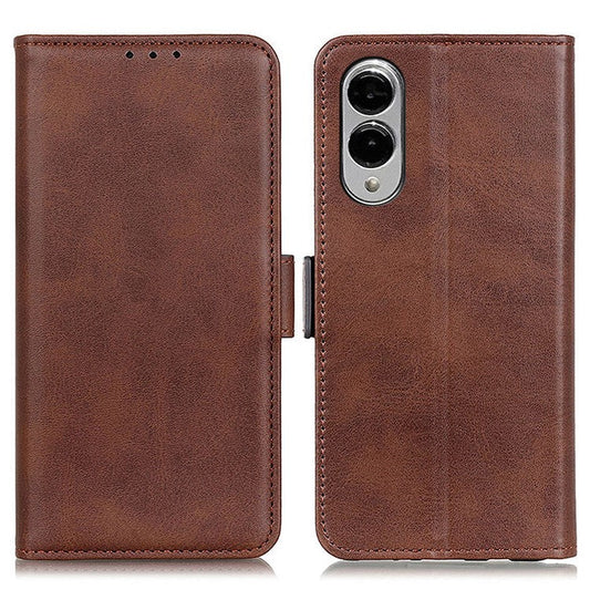 For Samsung Galaxy S25 Edge Case Stand Cowhide Texture PU Leather Phone Cover - Brown