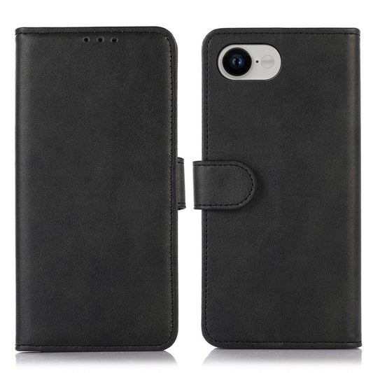For iPhone 16e Case Cowhide Texture Leather Wallet Phone Cover with Stand - Black