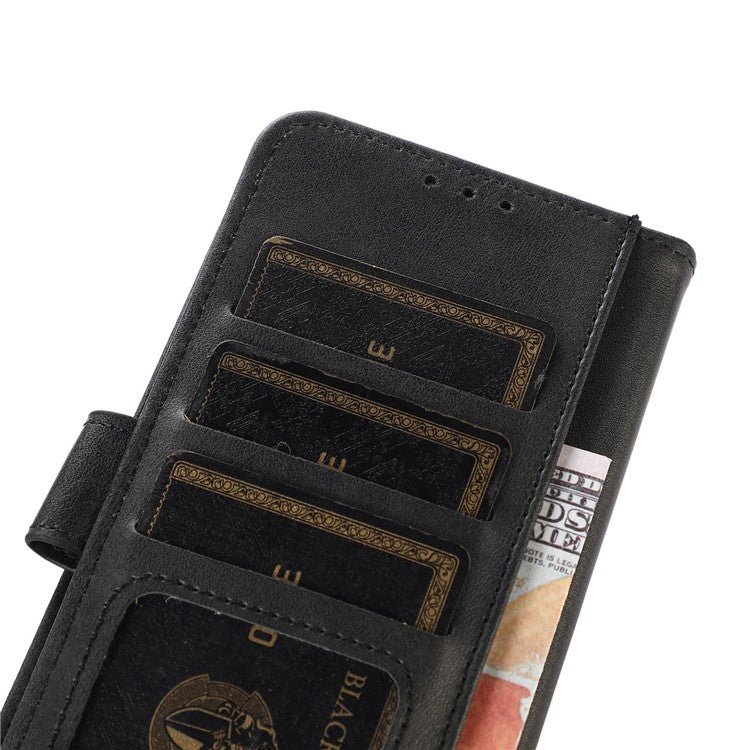 For iPhone 16e Case Cowhide Texture Leather Wallet Phone Cover with Stand - Black