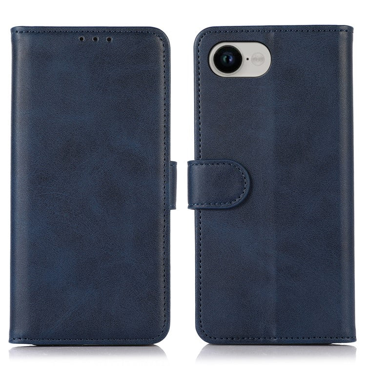 For iPhone 16e Case Cowhide Texture Leather Wallet Phone Cover with Stand - Blue