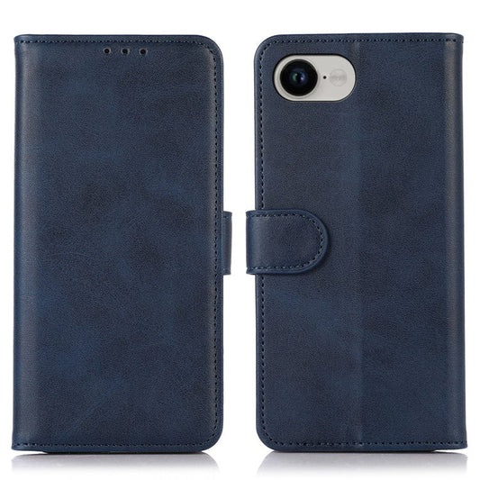 For iPhone 16e Case Cowhide Texture Leather Wallet Phone Cover with Stand - Blue