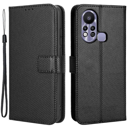 For Infinix Hot 11s / Hot 11s NFC 4G Wallet Phone Case Diamond Texture Anti-Scratch PU Leather Cellphone Cover with Stand - Black