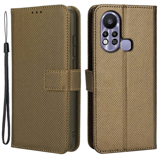 For Infinix Hot 11s / Hot 11s NFC 4G Wallet Phone Case Diamond Texture Anti-Scratch PU Leather Cellphone Cover with Stand - Brown