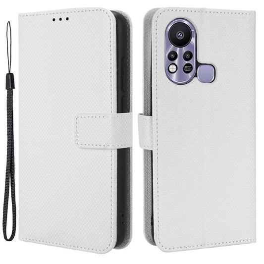 For Infinix Hot 11s / Hot 11s NFC 4G Wallet Phone Case Diamond Texture Anti-Scratch PU Leather Cellphone Cover with Stand - White