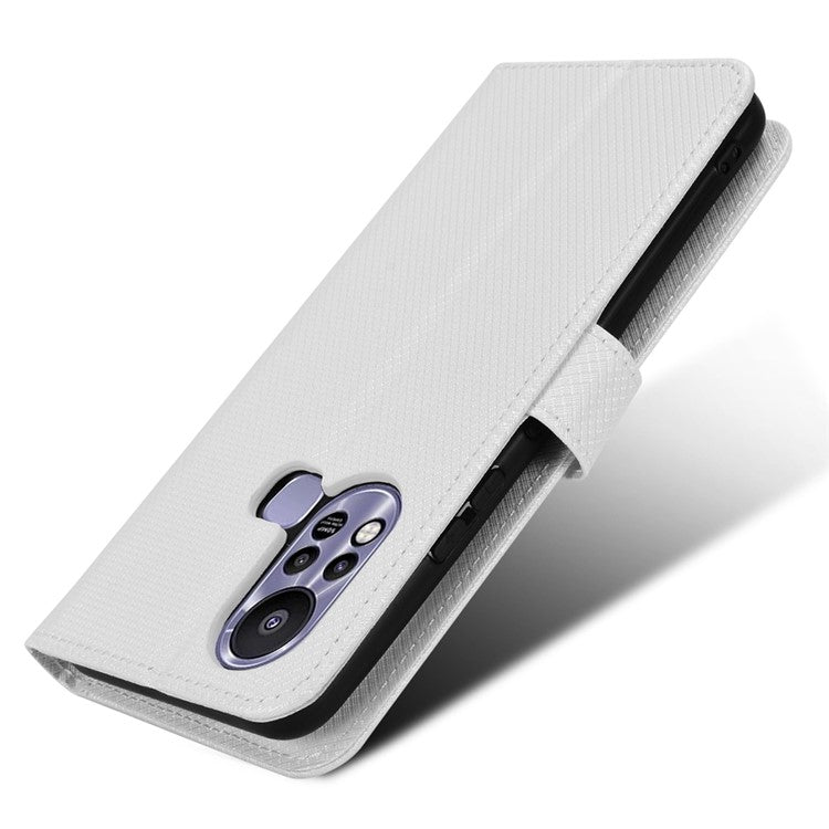 For Infinix Hot 11s / Hot 11s NFC 4G Wallet Phone Case Diamond Texture Anti-Scratch PU Leather Cellphone Cover with Stand - White