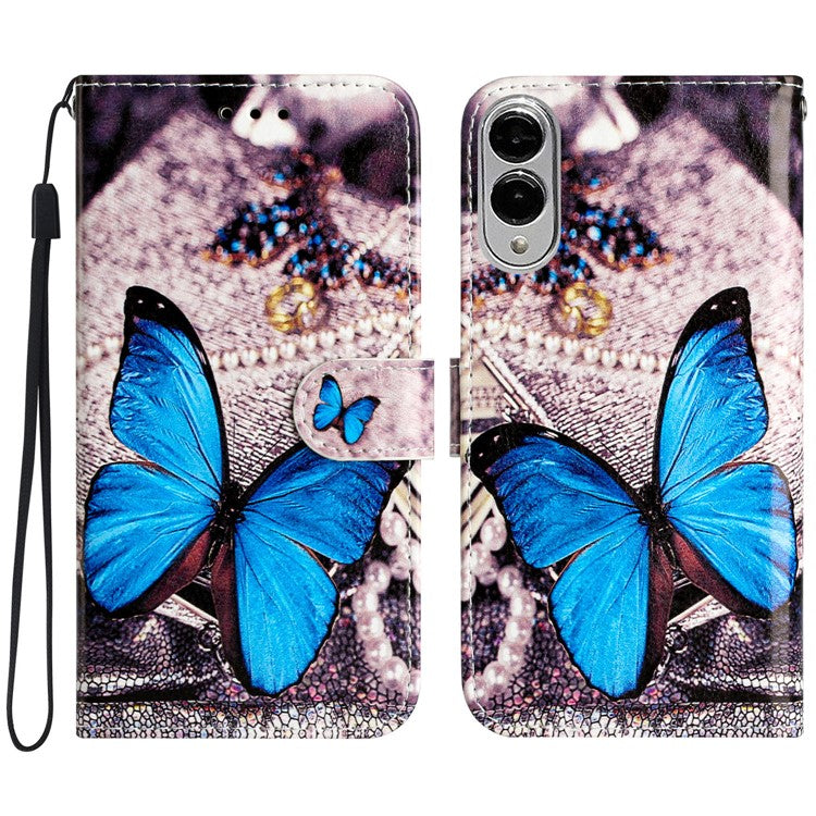 For Samsung Galaxy S25 Edge Wallet Case Printed Pattern Design Leather Phone Cover - Blue Butterfly