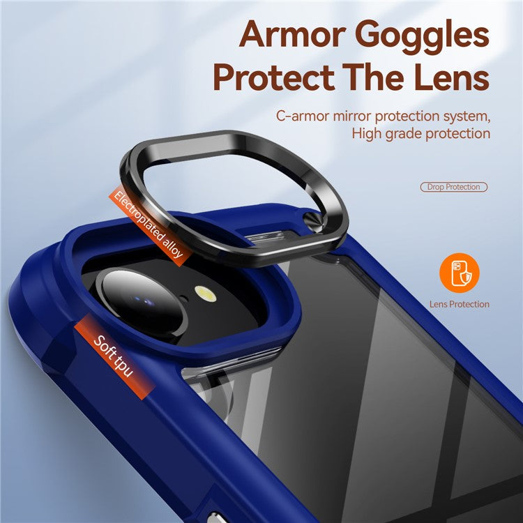 For iPhone 16e Case Anti-Drop Alloy Lens Frame PC + TPU Phone Cover - Blue