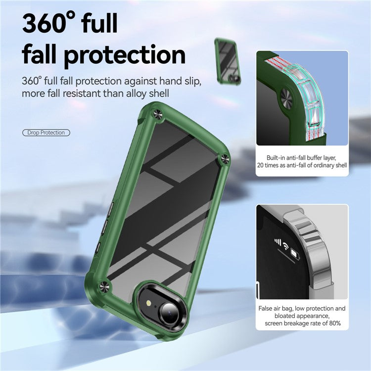 For iPhone 16e Case Anti-Drop Alloy Lens Frame PC + TPU Phone Cover - Green