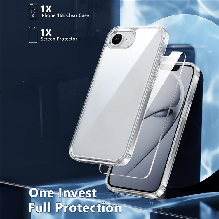 For iPhone 16e Transparent Phone Case Shockproof Acrylic + TPU Cover with Tempered Glass Screen Protector