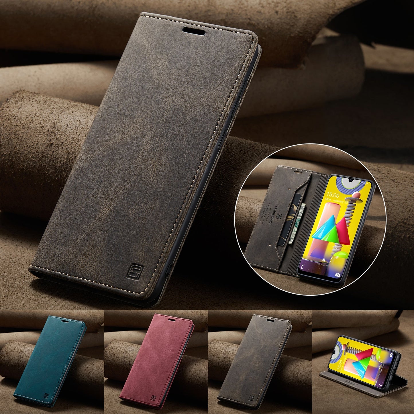 For Samsung Galaxy M31 Prime / Galaxy M21s / Galaxy F14 4G / Galaxy M31 Wallet Case AUTSPACE A01 Leather Stand Cover with RFID Blocking Card Holder - Coffee