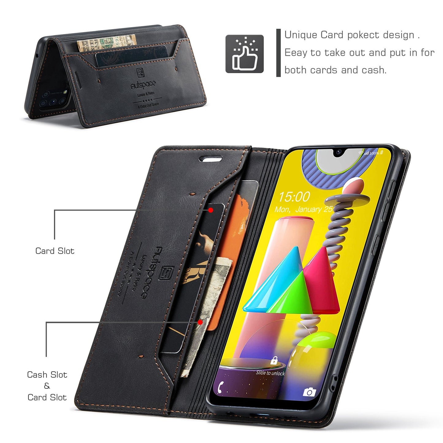 For Samsung Galaxy M31 Prime / Galaxy M21s / Galaxy F14 4G / Galaxy M31 Wallet Case AUTSPACE A01 Leather Stand Cover with RFID Blocking Card Holder - Black