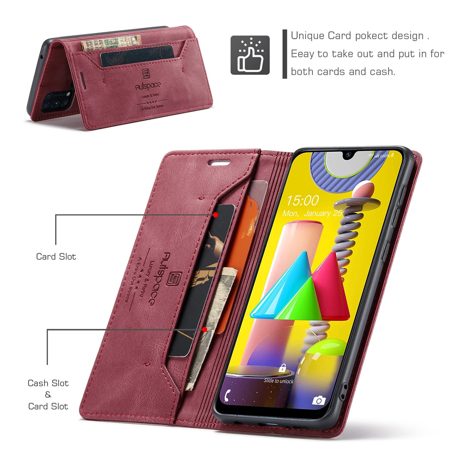 For Samsung Galaxy M31 Prime / Galaxy M21s / Galaxy F14 4G / Galaxy M31 Wallet Case AUTSPACE A01 Leather Stand Cover with RFID Blocking Card Holder - Red
