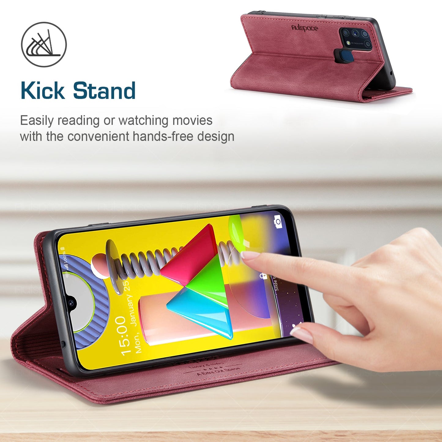 For Samsung Galaxy M31 Prime / Galaxy M21s / Galaxy F14 4G / Galaxy M31 Wallet Case AUTSPACE A01 Leather Stand Cover with RFID Blocking Card Holder - Red