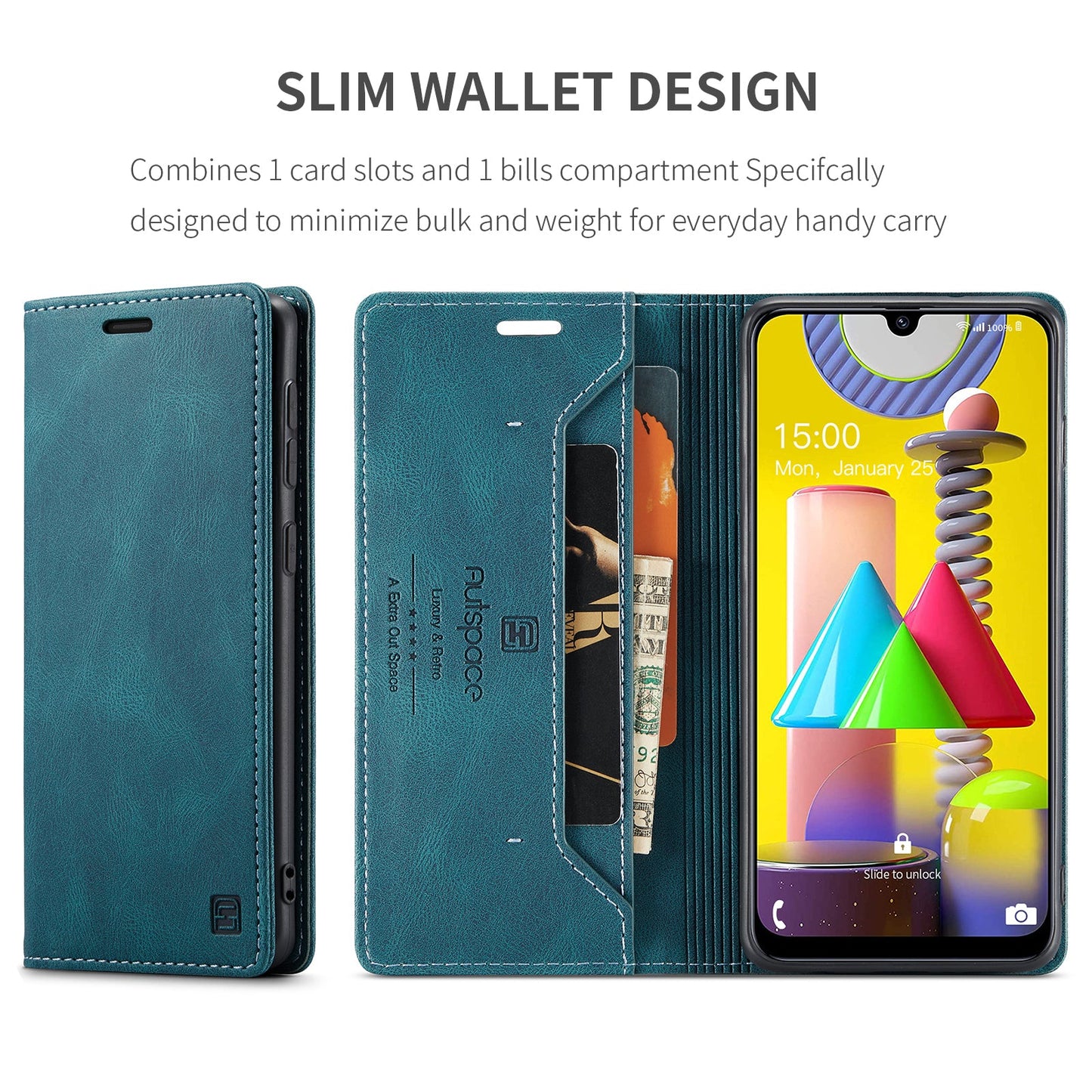 For Samsung Galaxy M31 Prime / Galaxy M21s / Galaxy F14 4G / Galaxy M31 Wallet Case AUTSPACE A01 Leather Stand Cover with RFID Blocking Card Holder - Blue