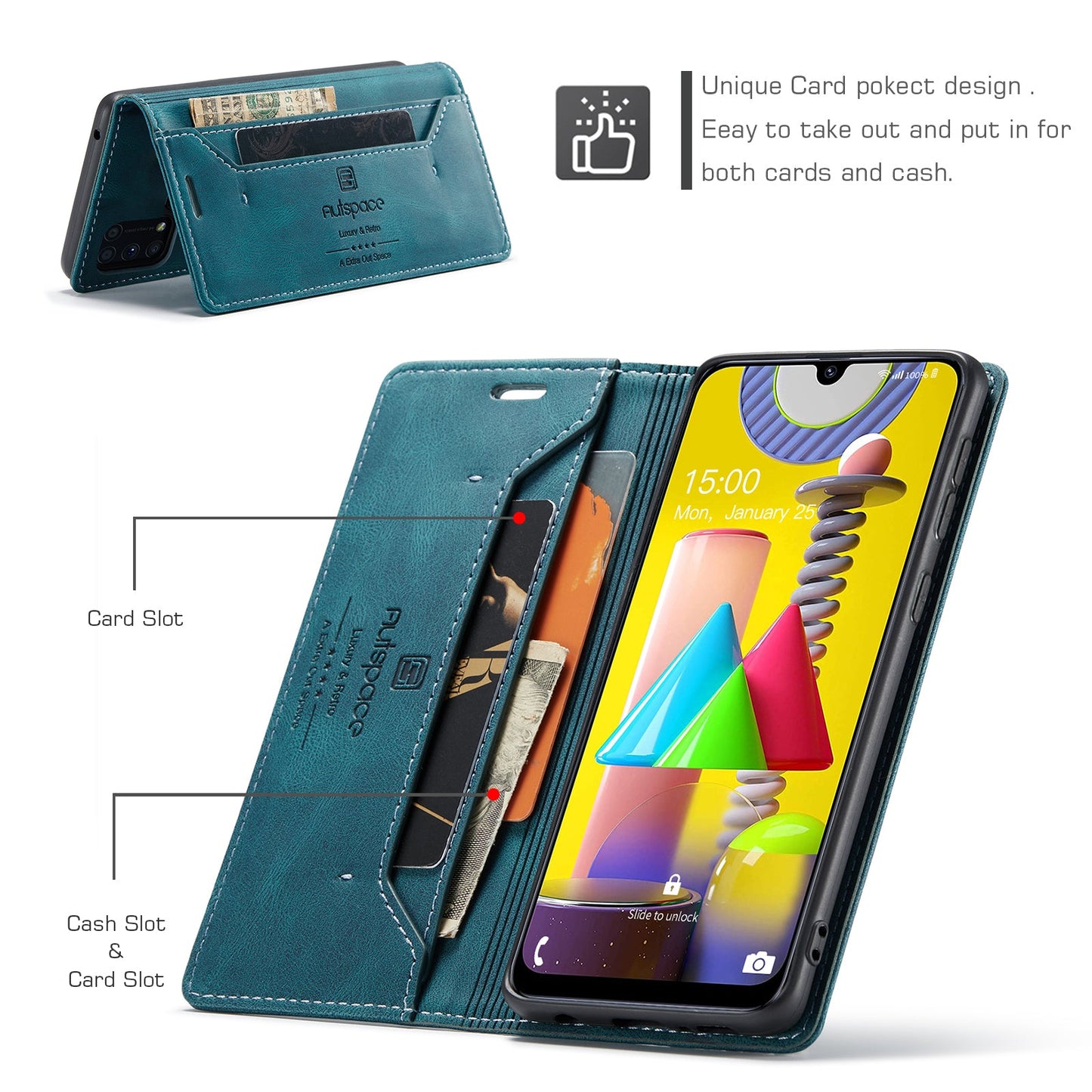 For Samsung Galaxy M31 Prime / Galaxy M21s / Galaxy F14 4G / Galaxy M31 Wallet Case AUTSPACE A01 Leather Stand Cover with RFID Blocking Card Holder - Blue