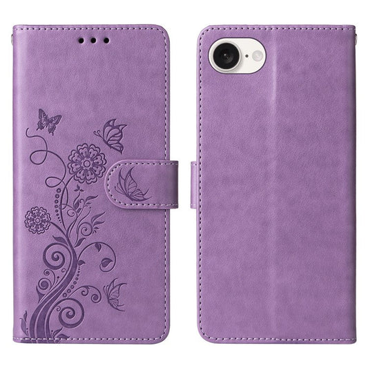 For iPhone 16e Case Butterfly Floral Imprint Wallet Stand Leather Phone Cover - Purple