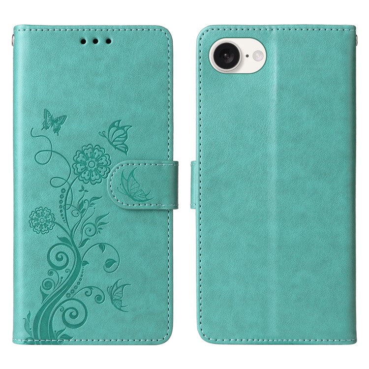 For iPhone 16e Case Butterfly Floral Imprint Wallet Stand Leather Phone Cover - Green
