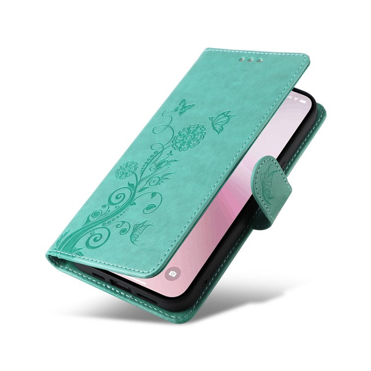 For iPhone 16e Case Butterfly Floral Imprint Wallet Stand Leather Phone Cover - Green